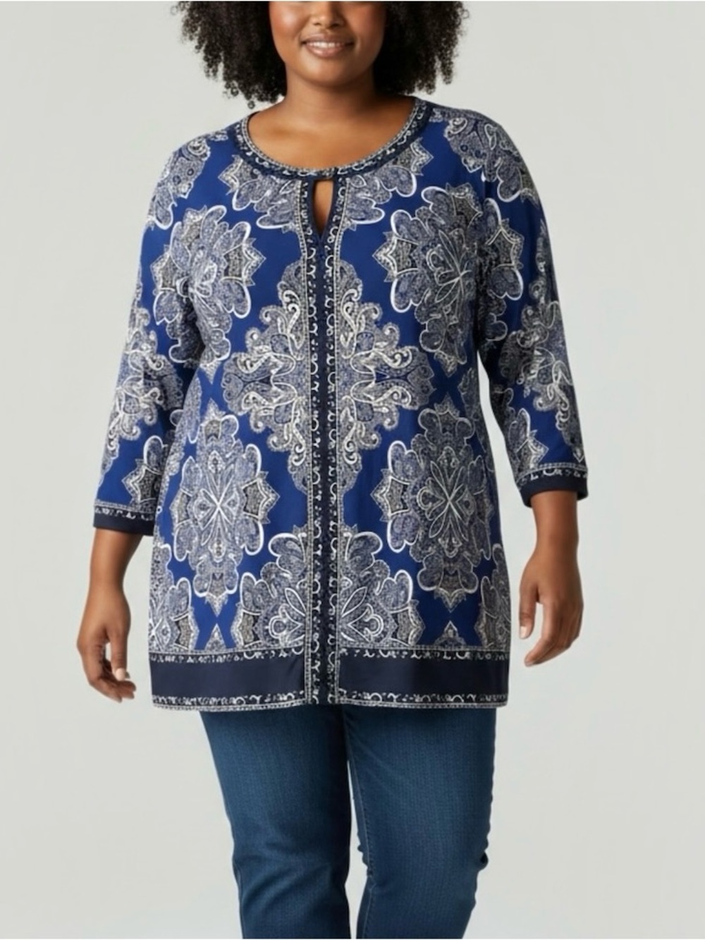 INC International Concepts Woman 3X Paisley Medallion Keyhole Stretch Tunic Top